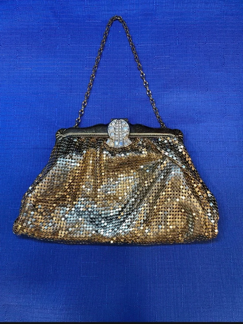 Antique beautiful gold mesh and jeweled evening bag with chain handle